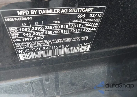 2015 Mercedes-Benz Gla 250 4Matic from USA, damaged, VIN WDCTG4GB4FJ128536